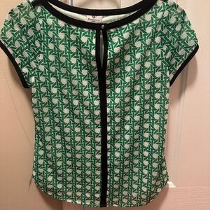 Worthington Green and White Fitted Blouse with Peter Pan Collar